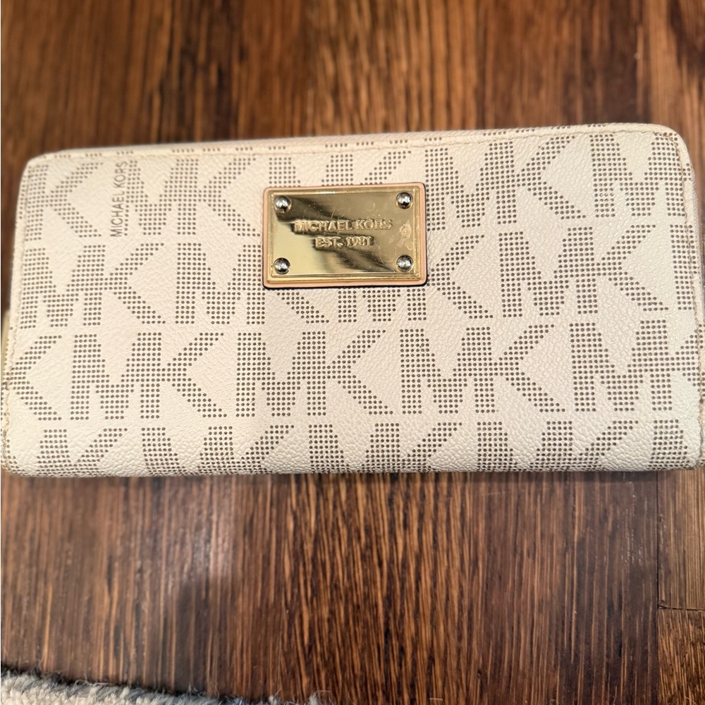 Michael Kors Cream MK Logo Continental Zip Wallet with Gold Plaque
